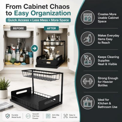 2-Tier Under Sink Organizer, Pull-Out Cabinet Storage Rack, Black, Adjustable Height 13.8 to 16.9 Inches