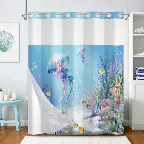 Ocean No Hook Shower Curtain with Snap in Liner Set, Colorful Jellyfish Shower Curtain with Mesh Top Window and Weighted Hem, Hotel Style Double-layer Waterproof Fabric Shower Curtain for Bathroom - color: Jellyfish