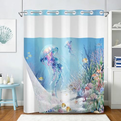 Ocean No Hook Shower Curtain with Snap in Liner Set, Colorful Jellyfish Shower Curtain with Mesh Top Window and Weighted Hem, Hotel Style Double-layer Waterproof Fabric Shower Curtain for Bathroom - color: Jellyfish