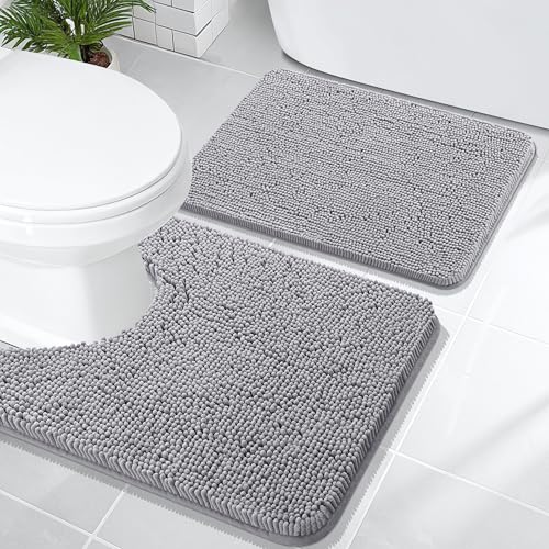 OLANLY Bathroom Rugs Sets 2 Piece, Soft Absorbent Chenille Bath Mats and U-Shaped Contour Toilet Mat Area Rug Set, Machine Washable Bath Carpet, Home Decor Accessories(24"x16"+24"x20", Grey) - color: Grey, size: 24" X 16" + U24" X 20"
