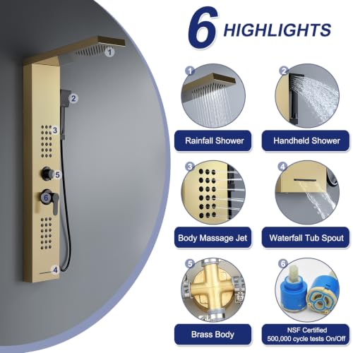 ROVATE 4 in 1 Rainfall Shower Panel Tower with Powerful Body Jets, Gold | High Pressure Stainless Steel Shower Column with Flexible Handheld, Waterfall Tub Spout, Adjustable Waterflow