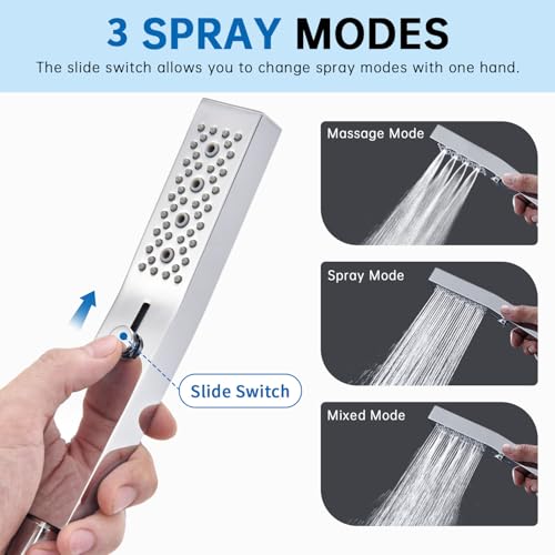 G-Promise All Metal Square 3 Function Handheld Shower Head(Chrome) | All Metal Construction, 3 Function Modes with Massage, Modern Look, Push Switch, Easy Installation - color: Chrome, style: Square