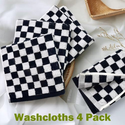Jacquotha Wash Cloths Checkered 4 Pack (Black and White) | Cotton Washcloths for Face Body, 13 x 13 Inches Daily Cleansing Kitchen Towels - color: Black