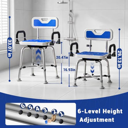 360° Swivel Shower Chair, 500 lbs Capacity, Height Adjustable | Swivel Shower Chair with Arms and Backrest for Elderly, Disabled or Bariatric Adults, for Shower & Bathtub Seat