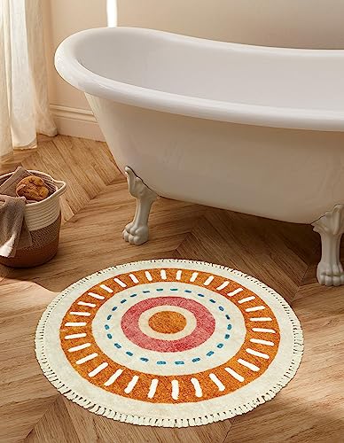 Lukinbox Boho Bathroom Rugs -2Ft Washable Round Area Rug, Soft Circle Bedroom Rug with Fringes, Small Colorful Non-Slip Sun Circular Rainbow Throw Rugs for Kids Room Chair Sofa Entryway - size: 2' (Round)