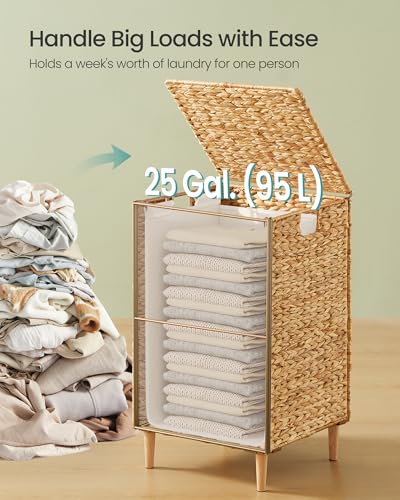 SONGMICS Laundry Hamper With Lid, 95 L Wicker Handwoven Water Hyacinth | Wicker Laundry Basket , Natural Material, Removable Machine Washable Liners, Natural ELIOTT Collection ULCB201Y01 - color: Natural, size: 95 L (Handwoven）