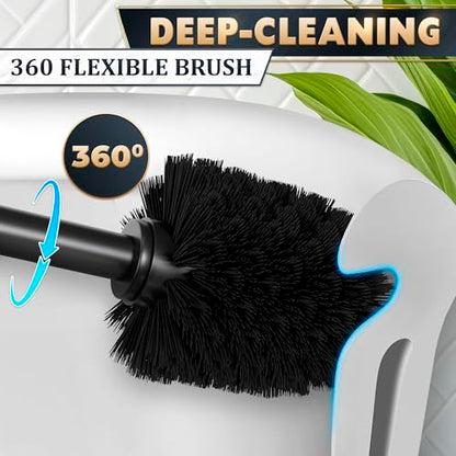 Stainless Steel Toilet Brush and Holder Set, Splash Guard (Black) | Matte Black Toilet Brush and Holder Set, Removable Bowl, Dense Bristles, Long Handle, Scratch Resistant, for Modern Bathrooms - color: Black