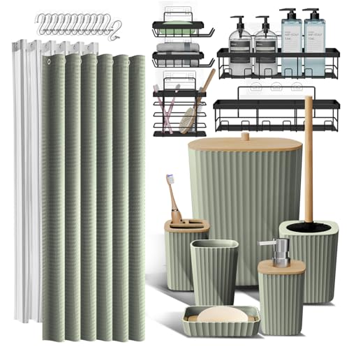 Clara Clark Bathroom Set, Shower Curtain Set and Shower Caddy Hanging | 25 Piece Sage Green Bathroom Accessories Set with Toothbrush Holder, Soap Dispenser, Soap Dish, Toilet Brush, and Trash Can - color: Sage Green, size: Complete Set + Shower Caddy