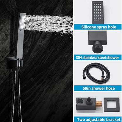 Matte Black Shower Faucet Set with Tub Spout 10 Inch | 2 Hooks, Tub and Shower Faucet Combo, Rain Shower and Handheld Shower System Square Wall Mount for Bathroom - color: Matte Black, style: 10 Inch
