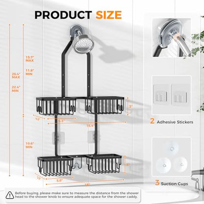 Adjustable Aluminum Shower Caddy Hanging for Handheld Showerhead, Black | Rustproof Aluminum, Shower Organizer, Anti-Slip, Quick-Drain Shelf, 40lbs Capacity, Suction Cups, 8 Hooks, Razor Soap Holders - color: Black