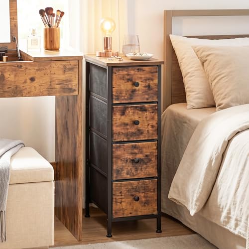 Fixwal Narrow Storage Cabinet, Narrow Nightstand Dresser with 4 Drawers, Slim Fabric Dresser Storage Tower for Small Spaces, Rustic Brown Dresser, for Bedroom, Bathroom, Laundry, Closet - color: Rustic Brown, size: 16.5"D x 9.5"W x 29.5"H (4 Drawers)