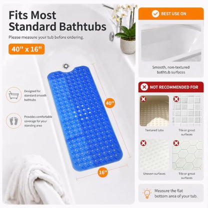 Yimobra Non Slip Bathtub Mat 40 x 16 Inch, Extra Long Shower Mat with Drain Holes, Machine Washable Baby Bath Mats, Strong Suction Cups for Bathroom Floor, Clear Navy Blue - color: Clear Navy Blue