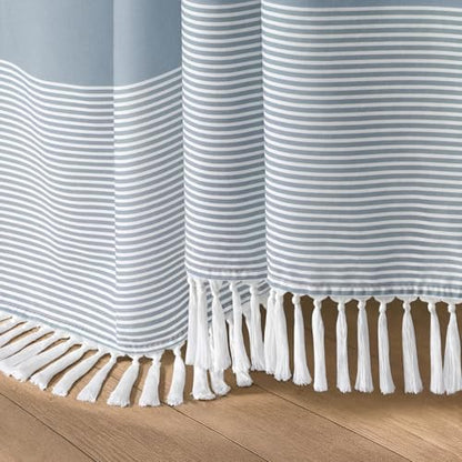 Blue Coastal Ocean Cotton Striped Shower Curtain with Tassel 72"W X 84"L | Extra Long Boho Farmhouse Shower Curtains for Bathroom with Soft Cotton Feel - color: Light Blue, size: 72"W x 84"L