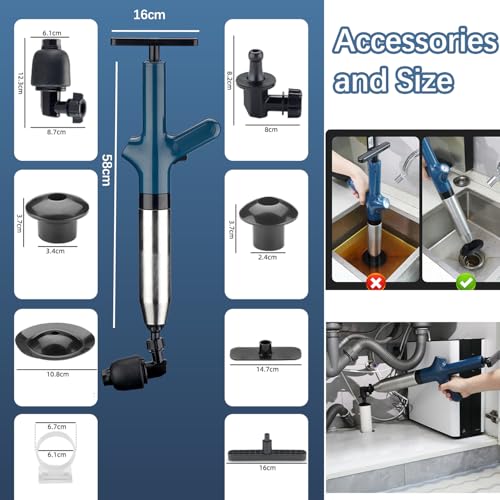 Toilet Plunger, High Pressure Drain Unclogger Plungers with Pressure Gauge, Toilet Auger Air Drain Blaster, Versatile Heavy Duty Clog Remover for Bathroom, Kitchen, Floor Drain - color: Blue