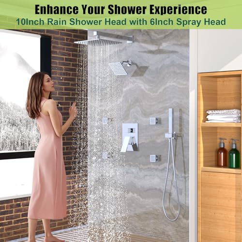 Enga Dual Heads Shower System with Body Jets, Shower Faucet Set 10 Inch Rainfall with 6 Inch Showerhead, 4 Body Jets with 2 in 1 Handheld Spray, Chrome - color: Chrome, style: Wall-10"+6"+4Jets