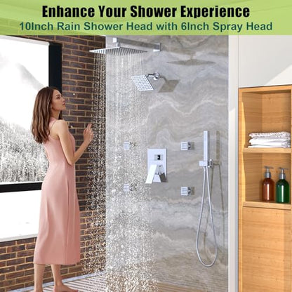 Enga Dual Heads Shower System with Body Jets, Shower Faucet Set 10 Inch Rainfall with 6 Inch Showerhead, 4 Body Jets with 2 in 1 Handheld Spray, Chrome - color: Chrome, style: Wall-10"+6"+4Jets