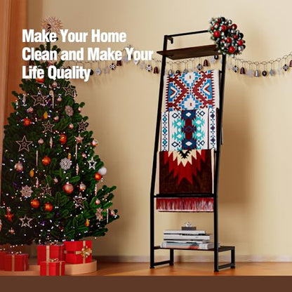 Nuoex Blanket Ladder with Shelf, 6 Layer Wall-Leaning Blanket Rack, Farmhouse Blanket Shelf for Storage and Home Decor, Freestanding Rack for Bathroom, Rustic Brown and Black