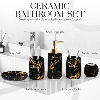 Ceramic Bathroom Accessory Set, 5-Piece Bathroom Accessory Set, Soap Dish, Toothbrush Holder, Soap Dispenser, Bathroom Tumbler & Candle Holder - Modern Bathroom Organizer, (Black & Gold) - color: Black and Gold
