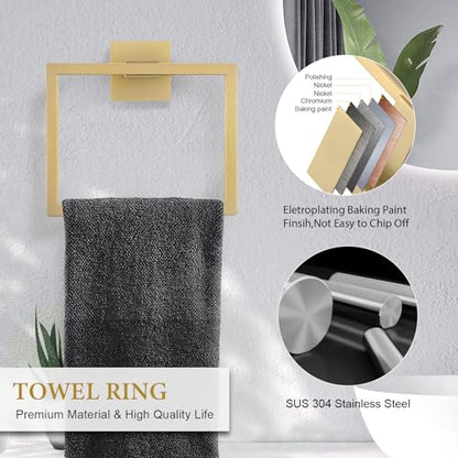 6-Piece Bathroom Hardware Set 23.6 Inch Gold Towel Bar Set Double Towel Bar Towel Ring Coat Hook and Toilet Paper Holder with Shelf Wall Mounted Stainless Steel Bathroom Accessories Set - color: 6-piece Gold