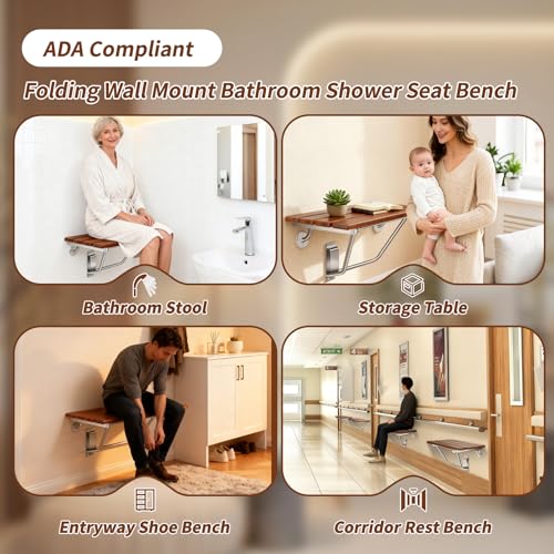 𝙐𝙥𝙜𝙧𝙖𝙙𝙚 24 Inch Teak Folding Shower Seat Wall Mounted, 550 Lbs Capacity Sturdy Shower Bench with 316 Stainless Steel Frame & Finish Caps, Narrow Bathroom Space Saving Teak Wood Shower Chair - size: 24 inch