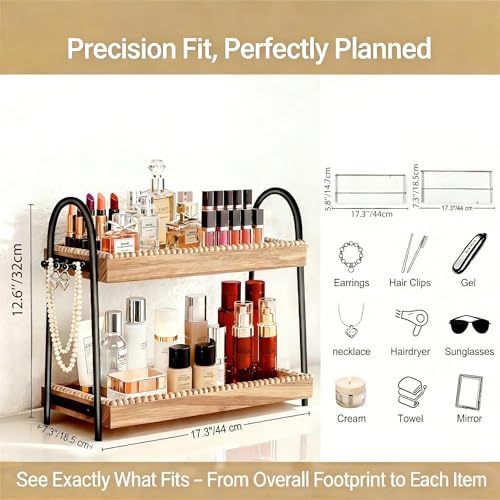Bathroom Vanity Organizer Countertop 2-Tier Waterproof 20+ Bottles 8 Hooks | Tall space large perfume/skincare bottles, vanity/bathroom/dresser, paulownia wood, hooks keep jewelry neat, non-slip base - color: A-Large&Medium-Black & Light Brown