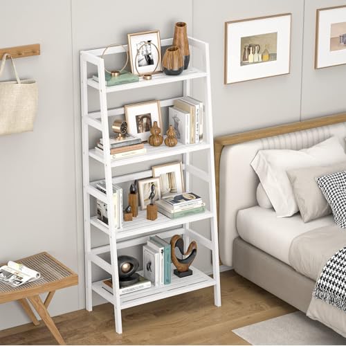 Ladder Shelf, 4-Tier Bamboo Ladder Bookshelf, 49.2” White Book Shelf, Open Bookcase Freestanding Plant Stand for Small Space, Bathroom, Living Room, Bedroom, Home Office - color: White
