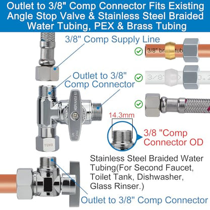 Brass 3/8" Compression Add-A-Tee Valve, T Adapter for TOTO Washlet Bidet | Angle Stop Valve Diverter for Toilet Handheld Sprayer, Dishwasher, Sink Faucet, 3/8x3/8x3/8 or 1/2 Water Line Splitter - size: 3/8"x3/8"x3/8" or G1/2 Toilet Bidet Sprayer T