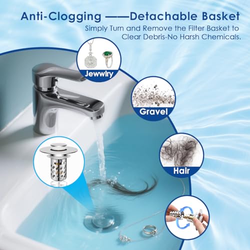 Bathroom Sink Stopper with Hair Catcher, Universal Pop-Up Drain Strainer for 1.1"–2.36" US Standard Sink Drain Hole, Anti-Clog Basin Stopper with Removable Stainless Steel Strainer Basket (Slant Bore)