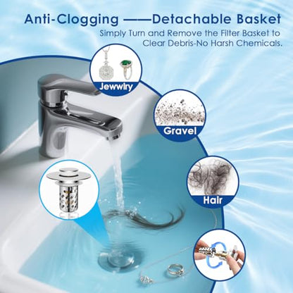 Bathroom Sink Stopper with Hair Catcher, Universal Pop-Up Drain Strainer for 1.1"–2.36" US Standard Sink Drain Hole, Anti-Clog Basin Stopper with Removable Stainless Steel Strainer Basket (Slant Bore)