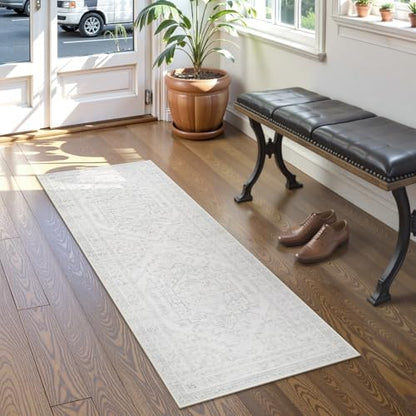 Uphome Boho Kitchen Runner Rug, 2x5 Washable Hallway Runner Rugs Non Slip, Soft Modern Entryway Carpet Runners Low Pile, Non Shedding Rug Runner for Laundry Bedroom Bathroom, Ash White - color: Ash White, size: 2'x5'