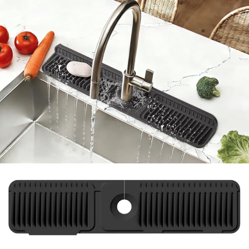 24 Inch Faucet Mat for Kitchen Sink Silicone Folding Faucet Mat for Bathroom Sink Splash Guard 7° Slope Water Draining Tray with Button Lock for Kitchen Bathroom Bar ect(Black) - color: Black