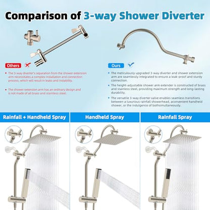 Hibbent 12'' Rainfall Showerhead with 4-mode Handheld Spray, Brushed Nickel | cUPC Certified High Pressure Showerhead Combo, 12'' Adjustable Extension Arm, Extension Bar, Easy Reach Holder, 71'' Hose - color: Brushed Nickel, style: Square 12''