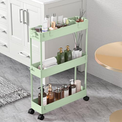 Slim Storage Cart 3 Tier,Bathroom Organizer Rolling Utility,Mobile Shelving Unit Slide Out for Office, Kitchen, Laundry Room & Narrow Places，Green - color: Green