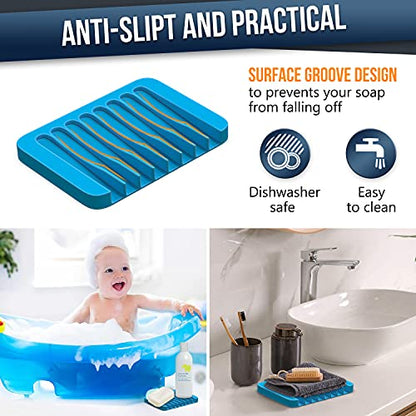 ZAPPOWARE Self Draining Soap Dish for Bar Soap - Pack of 2 Blue Silicone Waterfall Drain Soap Savers for Shower, Bath, Kitchen Countertop - color: Blue