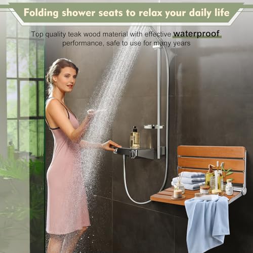 18" Folding Shower Seat Wall Mounted, Home Care Wood Bench for Inside Shower