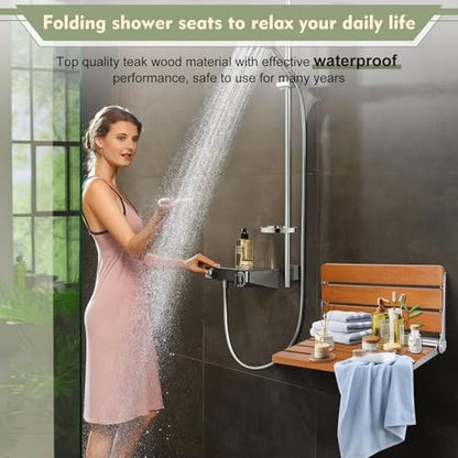 18" Folding Shower Seat Wall Mounted, Home Care Wood Bench for Inside Shower