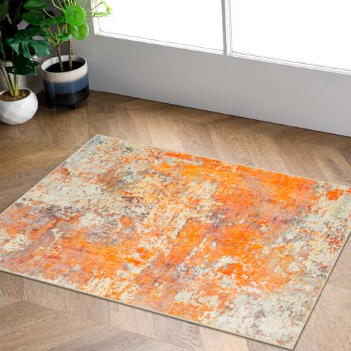 Lahome Modern Abstract Small 2x3 Rug - Washable Kitchen Rugs Non Slip Front Indoor Mat for Entry Bathroom, Contemporary Soft Throw Carpet for Entryway Bedside, Orange/Yellow - color: Orange, size: 2' x 3'