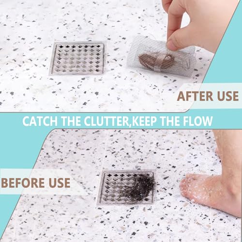 Shower Drain Hair Catcher 30 Pack for Disposable Drain Covers | 4 inch white mesh, bathroom sink strainer, bathtub water filter, waterproof adhesive backing, kitchen laundry plug hole