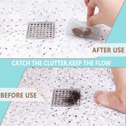 Shower Drain Hair Catcher 30 Pack for Disposable Drain Covers | 4 inch white mesh, bathroom sink strainer, bathtub water filter, waterproof adhesive backing, kitchen laundry plug hole