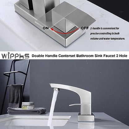Bathroom Sink Faucets 4 inch Centerset Brushed Nickel 2 Hole Modern | Stainless Steel 2 Handle Bathroom Faucet with Pop Up Drain and cUPC Supply Hose, Satin Nickel Lavatory Faucet - color: Brushed Nickel, size: 4 Inch Centerset