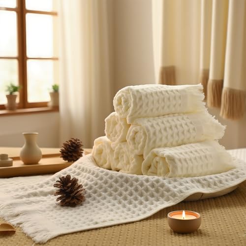 SmoothNovelty 6 Pcs Waffle Hand Towel for Bathroom Kitchen 14 x 30 Inch 100% Soft Cotton Boho Hand Towels Absorbent Decorative Bathroom Towel for Kitchen Hotel Spa Decor Guest Tea Gifts, Beige