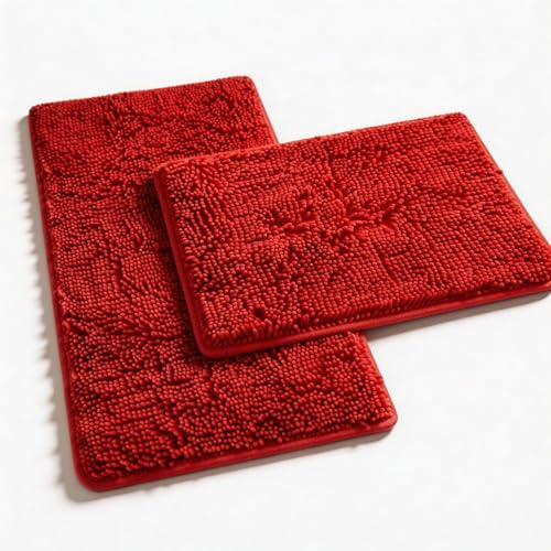 RUN HELIX Bathroom Rugs, Chenille Bath Mat, Non-Slip, Machine Washable Bath Rugs - Ultra Soft Bath Mats, Dries Quickly, Bathroom Rug Set of 2 Red Batroom Mats Set-32x20+24x16 Inch Christmas Rug - color: Red