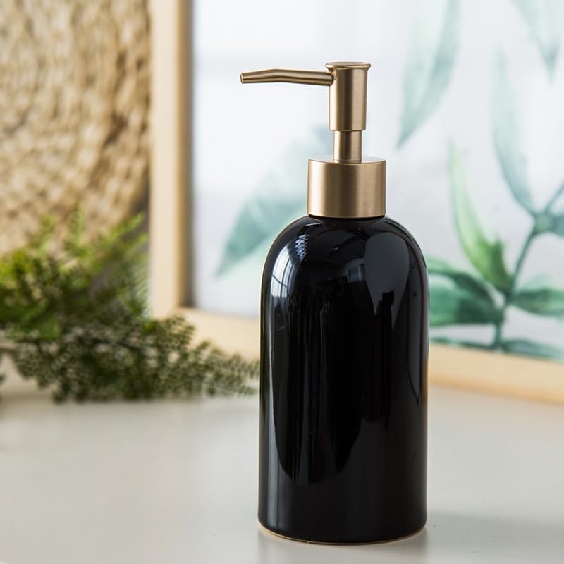 Classic Cylindrical Soap Dispenser, Multi-Color Ceramic Bottle(Black) | Soap Dispenser with Gold Rust-Proof Pump - color: Black