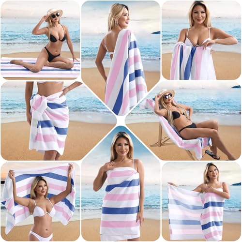 Beach Towel Set-4 Pack 30"x60" Sand Free Stripe Beach Towel for Pool,Bathroom,Soft Absorbent Quick Dry Lightweight Beach Bath Towel,Camping Blanket,Travel Towel,Beach Essentials for Adults,Pink/Blue - color: Blue/Pink