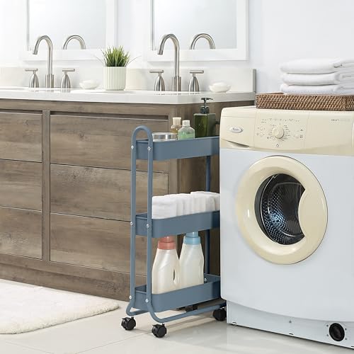 SunnyPoint Slim Rolling Storage Cart, 3 Tier Bathroom Storage Organizer Bathroom, Laundry Utility Cart (Blue) - color: Blue
