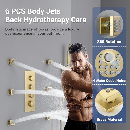 Brushed Gold Thermostatic Shower System with 6 Body Jets & 16-Inch Ceiling Rainfall Shower Head Luxury Full Body Shower Faucet with Handheld Sprayer, Shower Fixtures Set with Valve and Trim - color: Brushed Gold