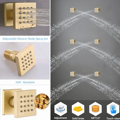 Temperature Display Rain Mixer Shower Faucet Set with 6 pcs Body Jets 12 inch Square Rainfall Shower Head with Handheld Spray Wall Mounted Rough-in Valve and Trim Included,Brushed Gold - color: Brushed Gold