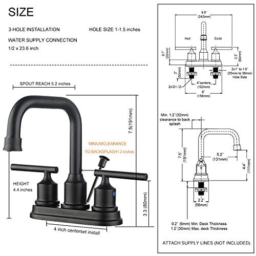 WOWOW Bathroom Faucet Black 4 inch Bathroom Sink Faucet Centerset Lift Rod Drain Stopper 2 Handle Lavatory Vanity Tap High Arc Modern - color: Black, style: Centerset - 4 Inch