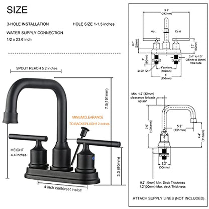 WOWOW Bathroom Faucet Black 4 inch Bathroom Sink Faucet Centerset Lift Rod Drain Stopper 2 Handle Lavatory Vanity Tap High Arc Modern - color: Black, style: Centerset - 4 Inch