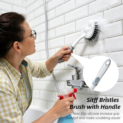 3 Pack Shower Cleaning Brush Set with Grout Cleaning Brush and Squeegee | Stiff Bristles, Ergonomic Handle, Heavy Duty Scrub Brush for Cleaning Bathroom, Shower, Bathtub, Floor, Grout, Tile, Sink